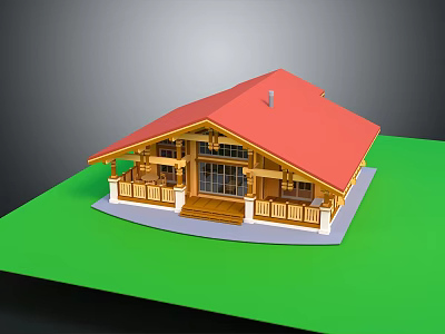 Yellow Wooden House Architecture With Red Roof Front Porch Windows And Chimney 3d model