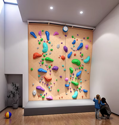 Indoor Rock Climbing Wall With Colorful Holds and People Watching in Modern Room 3d model