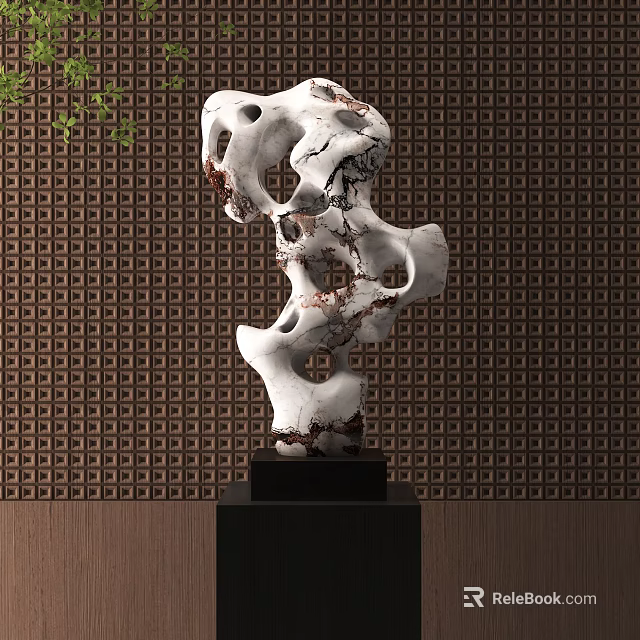 Artistic Hollow Stone Sculpture With Black Base And Latticed Wall Background 3d model 