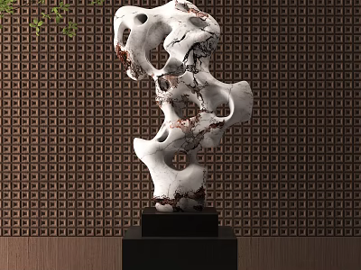 Artistic Hollow Stone Sculpture With Black Base And Latticed Wall Background 3d model
