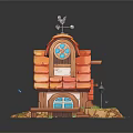 Cartoon Scene of Small House with Red Tile Roof Round Windows Path Stones and Grass