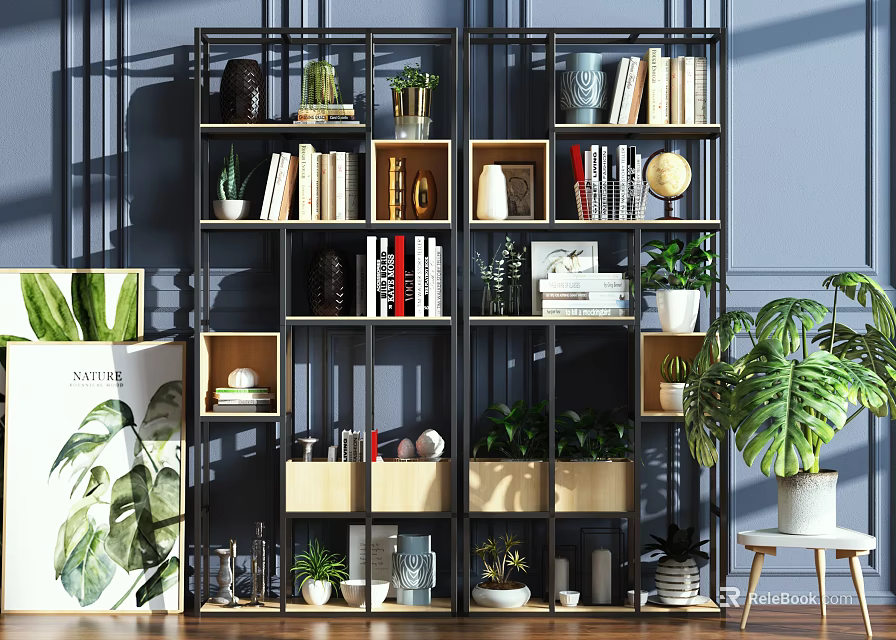 Modern Bookshelf Design With Books Plants Decorative Items And Storage Solutions 3d model 