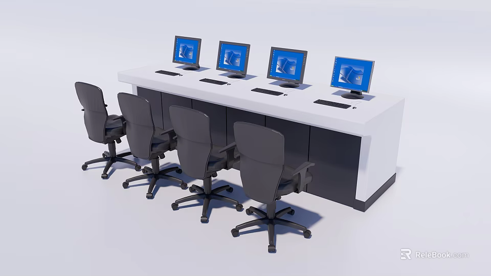 Office Desk with Four Computer Monitors Black Office Chairs White Black Design Modern Workspace 3d model 