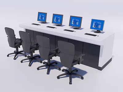 Office Desk with Four Computer Monitors Black Office Chairs White Black Design Modern Workspace 3d model