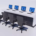 Office Desk with Four Computer Monitors Black Office Chairs White Black Design Modern Workspace