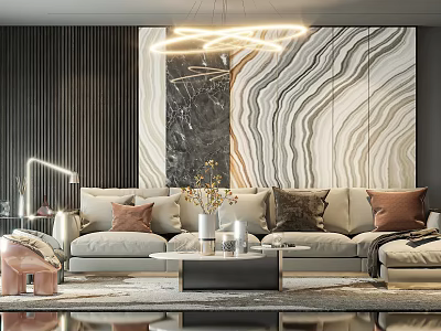 Modern Living Room Sofa Coffee Table Set With Marble Wall And Decorative Pillows 3d model
