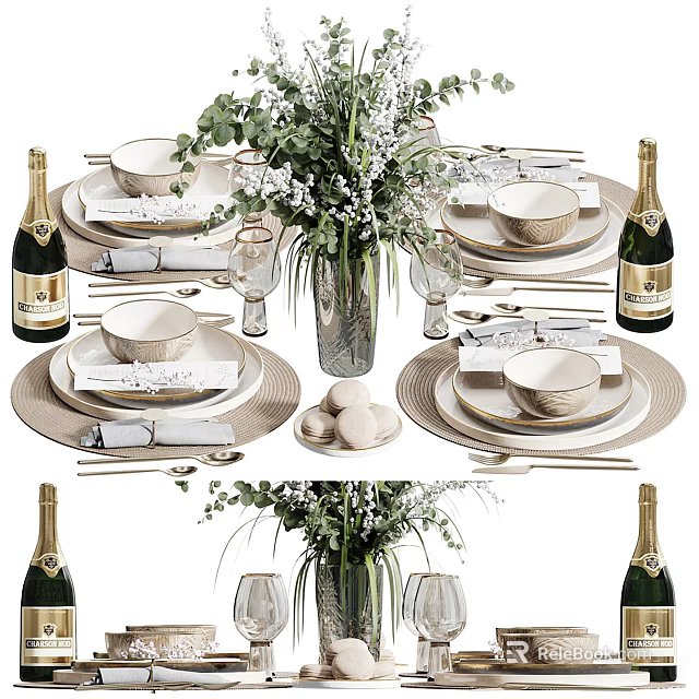 Elegant Dinnerware Set With Plates Bowls Utensils Champagne Bottles And Fresh Flower Bouquet 3d model 