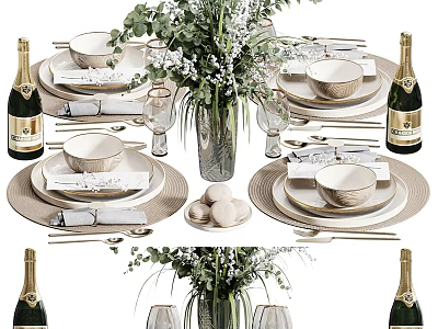 Elegant Dinnerware Set With Plates Bowls Utensils Champagne Bottles And Fresh Flower Bouquet 3d model