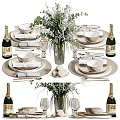 Elegant Dinnerware Set With Plates Bowls Utensils Champagne Bottles And Fresh Flower Bouquet