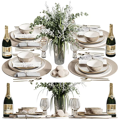 Elegant Dinnerware Set With Plates Bowls Utensils Champagne Bottles And Fresh Flower Bouquet 3d model