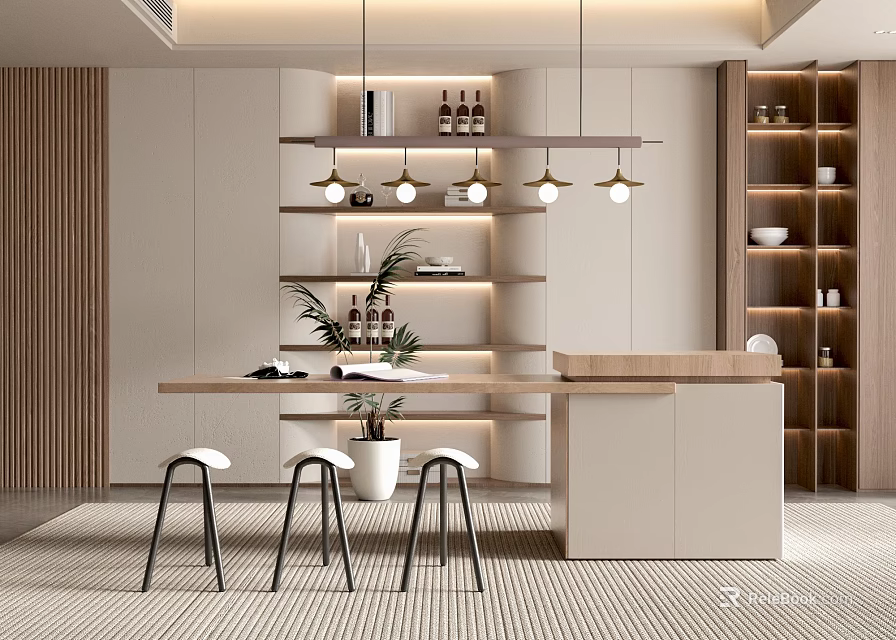 Modern Restaurant Interior Design With Open Kitchen Island Counter Pendant Lights And Bar Stools 3d model 