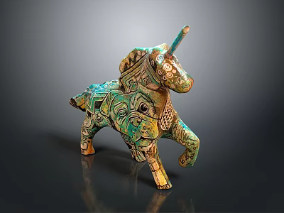 Intricately Designed Unicorn Sculpture With Teal Gold Patterns And Artistic Carvings 3d model