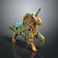 Intricately Designed Unicorn Sculpture With Teal Gold Patterns And Artistic Carvings