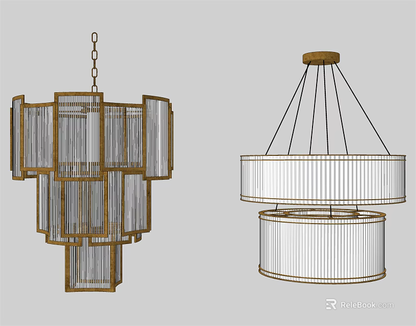 Modern Chandeliers Featuring Layered Golden Frame And Circular White Shade With Black Ropes 3d model 
