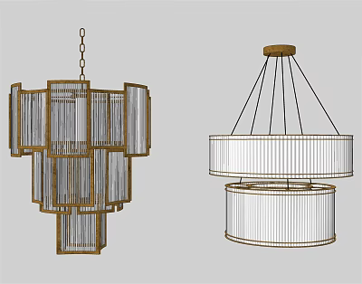 Modern Chandeliers Featuring Layered Golden Frame And Circular White Shade With Black Ropes 3d model