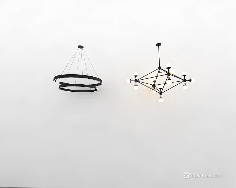 Two Modern Chandeliers with Black Circular Ring and Geometric Bulb Structure on White Wall 3d model