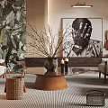 Elegant Modern Living Room Interior Design With Sofa Chandelier Indoor Plants Artwork Rug And Windows