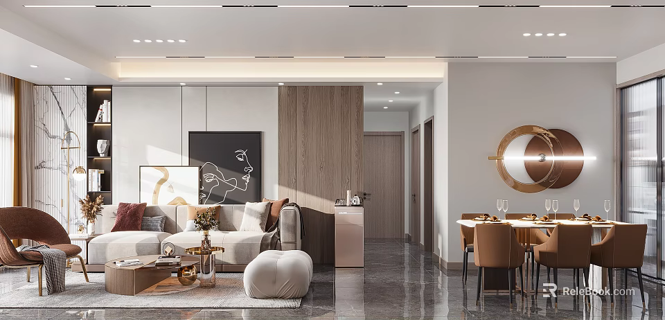 Modern Living and Dining Room Interior With Sofa Dining Table Artwork And Round Mirror 3d model