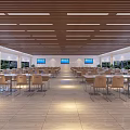 Cafeteria Interior Design With Long Tables Chairs Wooden Ceiling And Large Windows 3d model