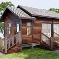 Wooden Cabin with Brown Tiled Roof Large Windows and Wooden Stairs in Green Grass