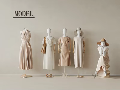 Elegant Beige Shoes Showcased On Fashion Model Mannequins With Dresses And Minimalist Background 3d model