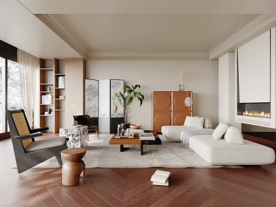 Modern Living Room Interior Design With Herringbone Wooden Floor White Sofa Coffee Table And Fireplace 3d model