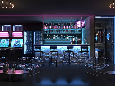 Trendy Bar With Neon Lights Bar Counter High Stools Gaming Machines Purple Lighting Wine Racks 3d model