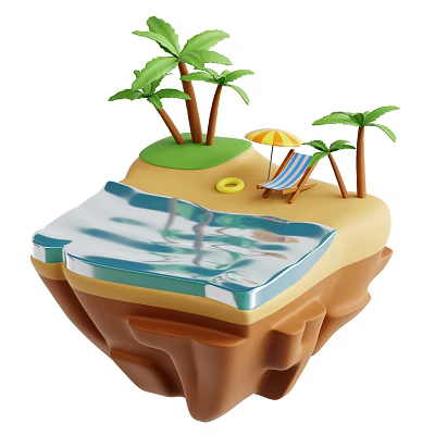 Tropical Island With Palm Trees Beach Swimming Pool Deck Chair Umbrella And Inflatable Ring 3d model