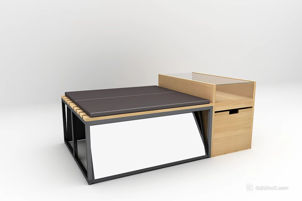 Modern Sofa Bench With Leather Cushion Glass Top And Wooden Storage Drawer 3d model 
