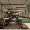 Modern Restaurant Interior With Dining Tables Chairs Green Plant And Marble Floor