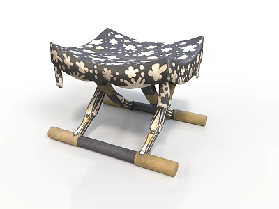 Decorative Stool With Floral Pattern Upholstered Seat And Wooden Crossed Support Legs 3d model