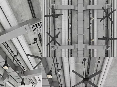 Industrial Ceiling Pipes System With Metal Supports Hanging Lamps And Structural Beams 3d model