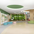 Modern Kindergarten Interior with Round Green Ceiling Wooden Column Colorful Seats and Bookshelves