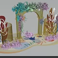Golden Wedding Arch With Colorful Floral And Leaf Decorations On Side Pillars 3d model