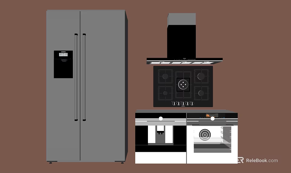 Modern Kitchen Appliances With Sleek Design Including Refrigerator Range Hood Cooktop And Oven 3d model 