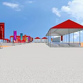 Decorative Red Canopies in Spacious Open Square with Blue Sky White Clouds 3d model