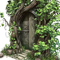 Enchanted Wooden Door Surrounded By Tree Roots Green Vines And Stone Steps