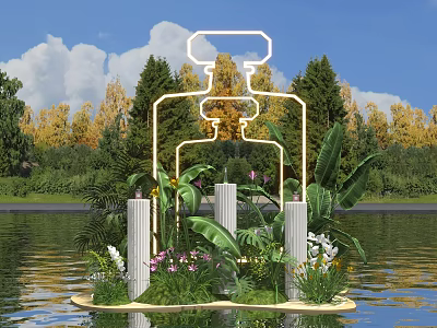 Scenic Photo Check-in Spot Floating On Water With Tropical Plants White Pillars And Autumn Trees 3d model