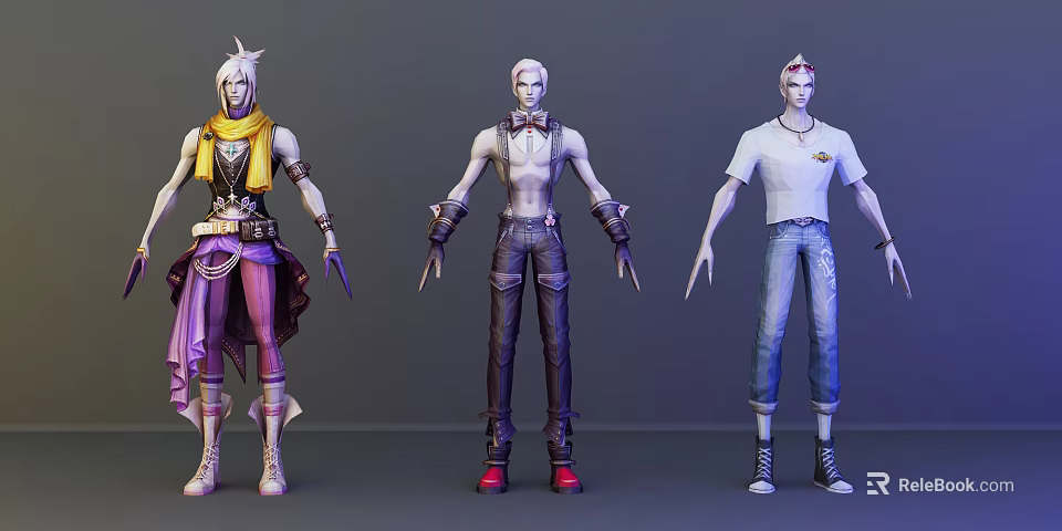 Three Distinct Game Movie Characters Showcasing Varied Outfit Styles And Clothing Details 3d model 