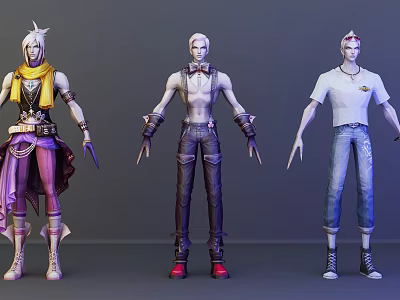 Three Distinct Game Movie Characters Showcasing Varied Outfit Styles And Clothing Details 3d model