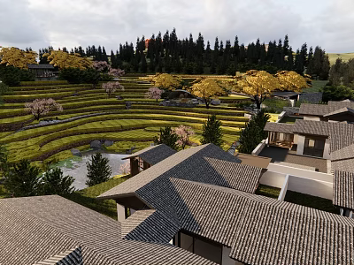 Traditional Village Scenery With Terraced Fields Cherry Blossom Trees And Forest Background 3d model