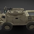 Armored Military Vehicle with Large Tires Roof Mounted Weapon and Protective Armor