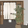 Beige Linen Curtains With Wooden Frame And Green Plants In Interior