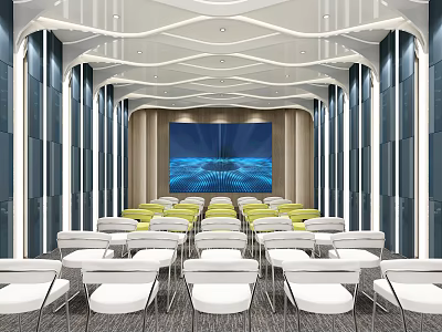 Modern Conference Room Interior With Large Screen Geometric Ceiling And Arranged Seats 3d model