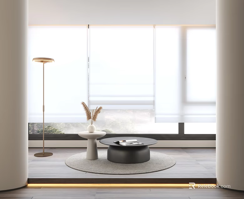 Modern Black Round Coffee Table in Bright Living Room with White Vase and Floor Lamp 3d model 