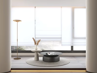 Modern Black Round Coffee Table in Bright Living Room with White Vase and Floor Lamp 3d model