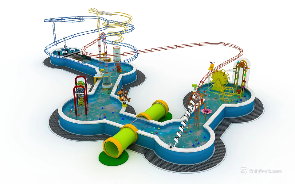 Colorful Water Amusement Play Equipment With Spiral Slides Tubes And Interactive Pools 3d model 