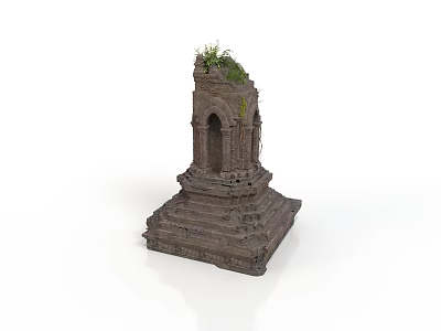 Small Ancient Stone Structure With Mossy Plants On Steps And Arched Doorway 3d model