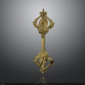 Golden Decorative Ornamental Structure With Intricate Top Design And Ringed Base Details