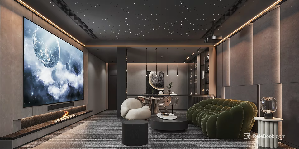 Modern Home Theater Room With Starry Ceiling Large Screen Sofas And Fireplace 3d model 